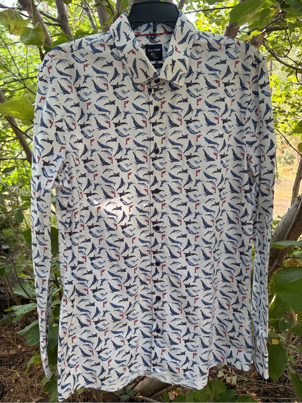 OLYMP Men's White Long-Sleeve Shirt with Blue & Red Fish Print